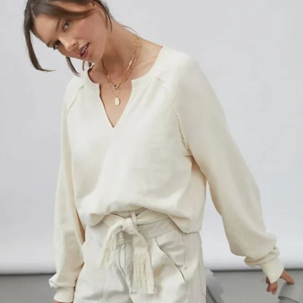 Anthropologie Pilcro Cream V-Neck Sweatshirt Size Small